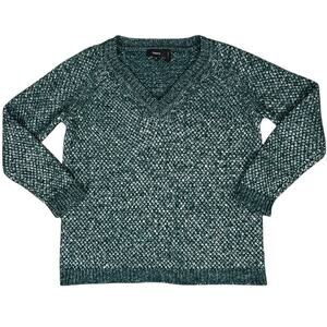 Theory Slouchy V-neck Pullover Two Tone Green Marled Sweater Medium Cotton Wool